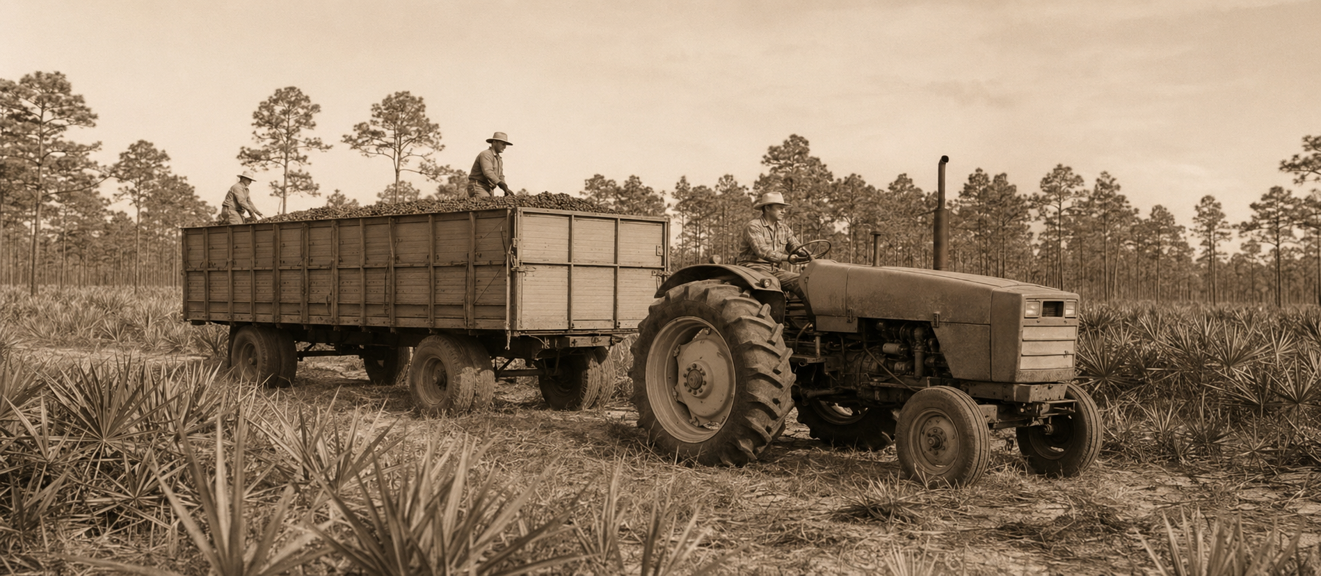 Conceptual archival scene of a 1990s saw palmetto harvest