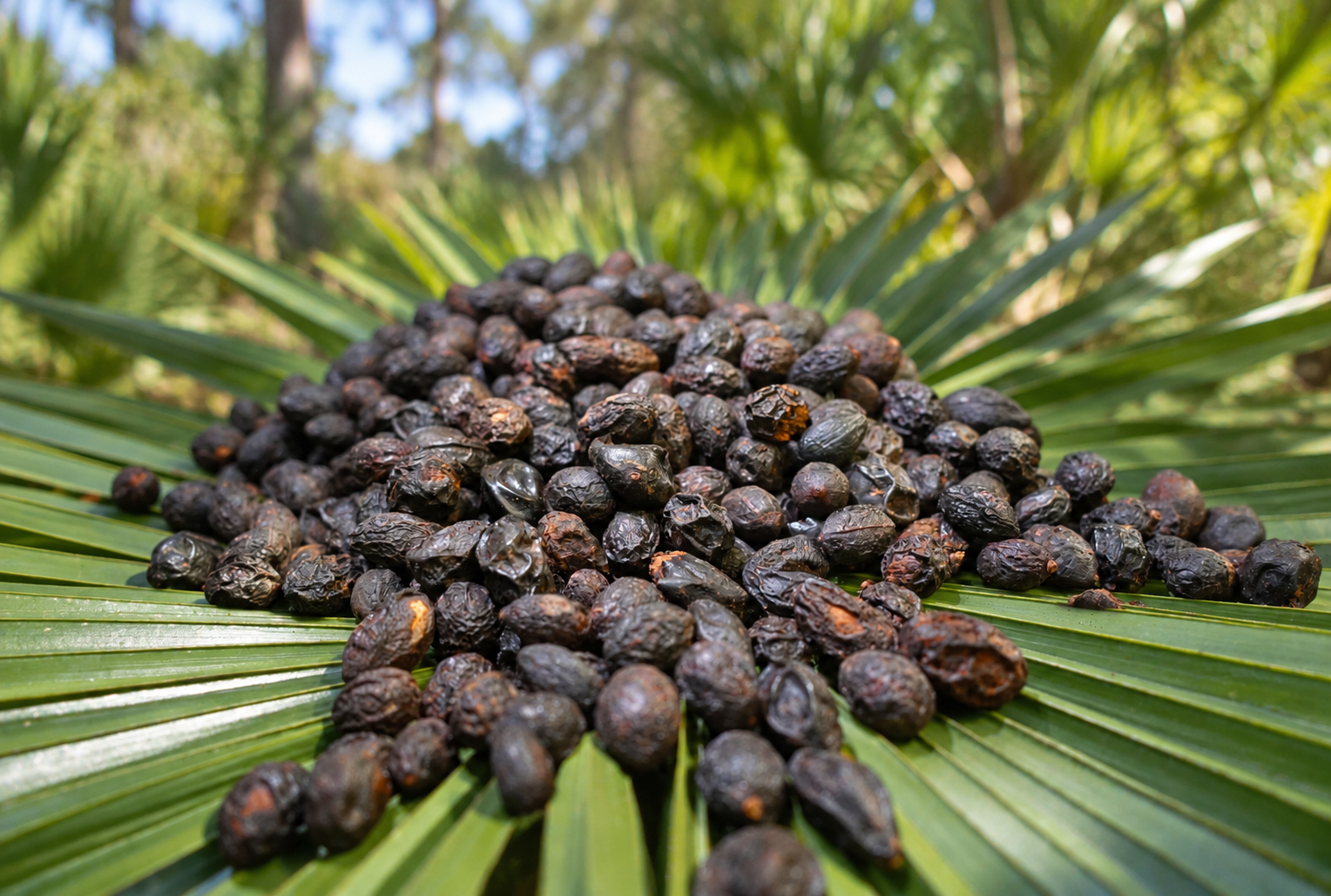 Dried saw palmetto berries displayed on a saw palmetto frond