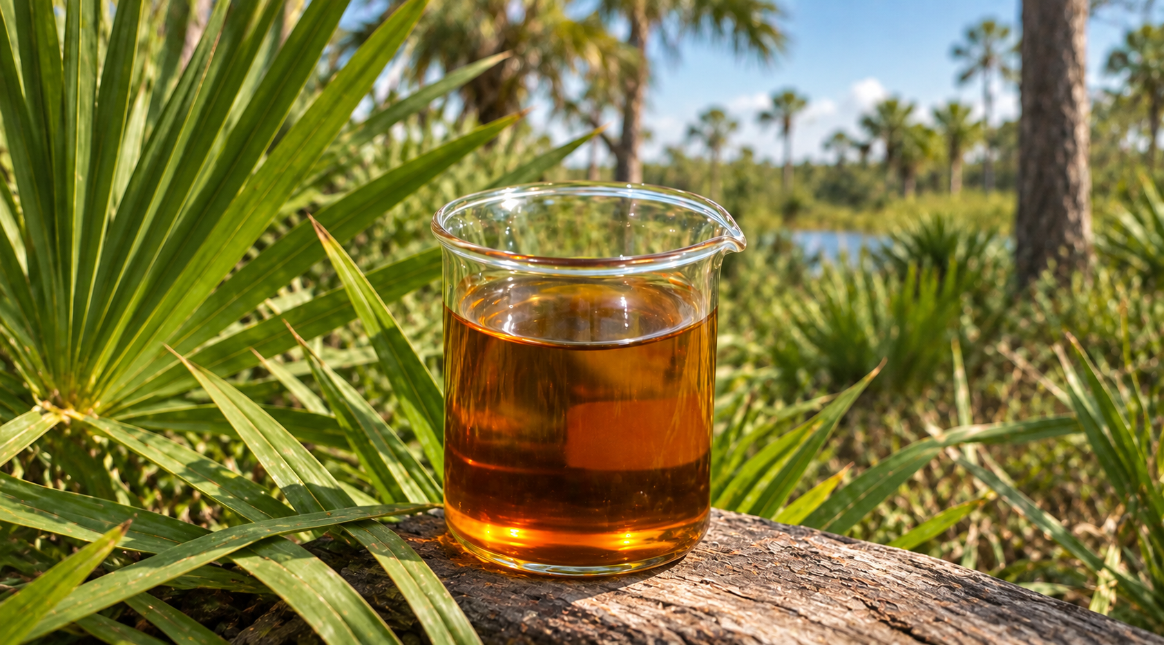 Golden saw palmetto oil extract in a glass beaker among Florida saw palmetto plants