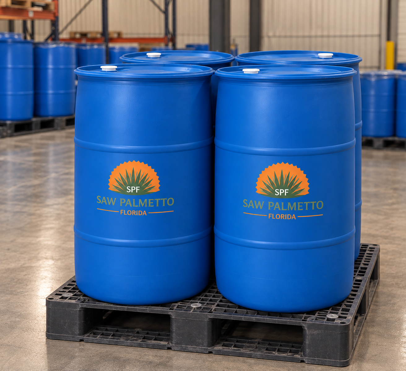 Branded food-grade saw palmetto oil drums on pallets