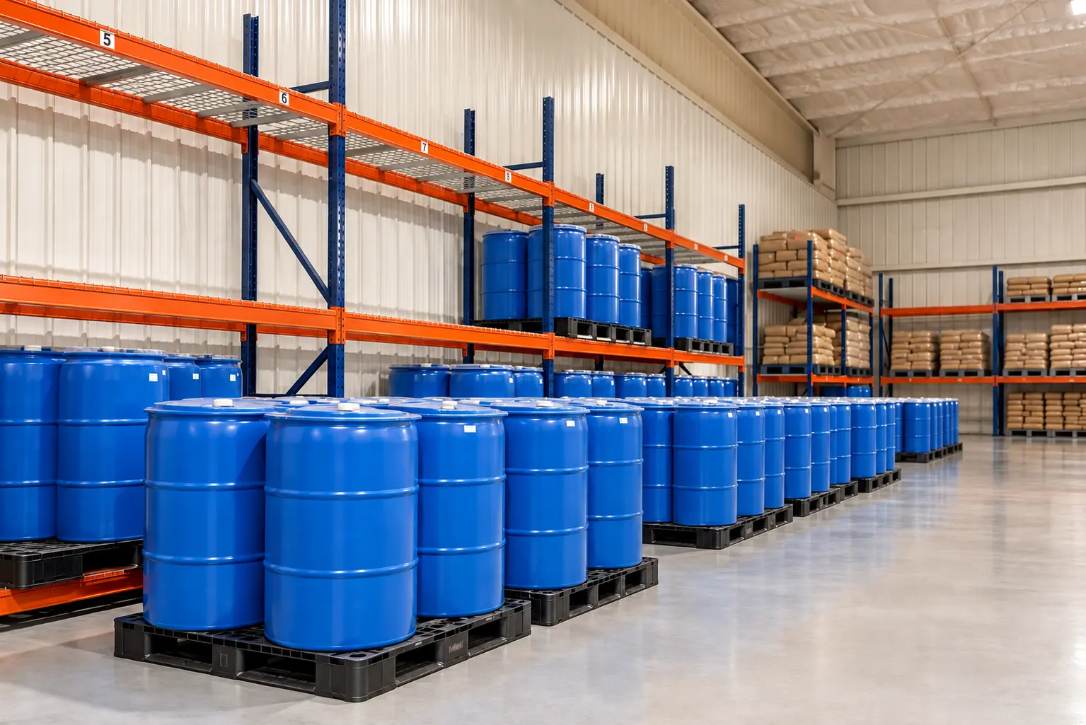 Commercial inventory of food-grade drums in the warehouse